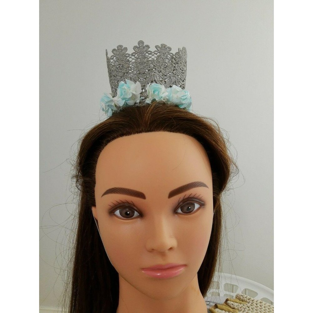 Birthday Girl Hat Crown Headband Photography Prop Gray Lace Blue Roses new